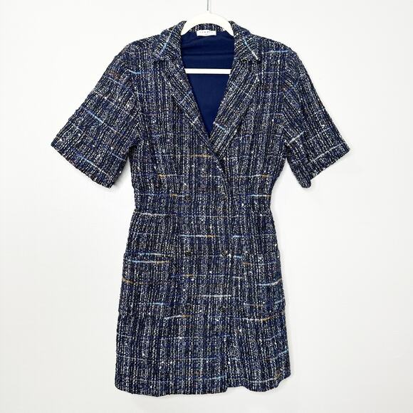 Sandro Short Tweed Dress Deep Blue White Button Front 36 2 - Picture 3 of 13